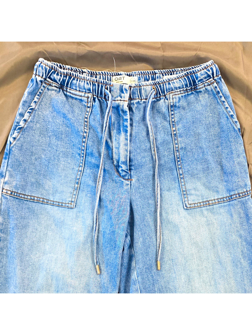 OAT New York Light Wash Denim Wide-Leg Jeans Drawstring Elastic Waist Pockets